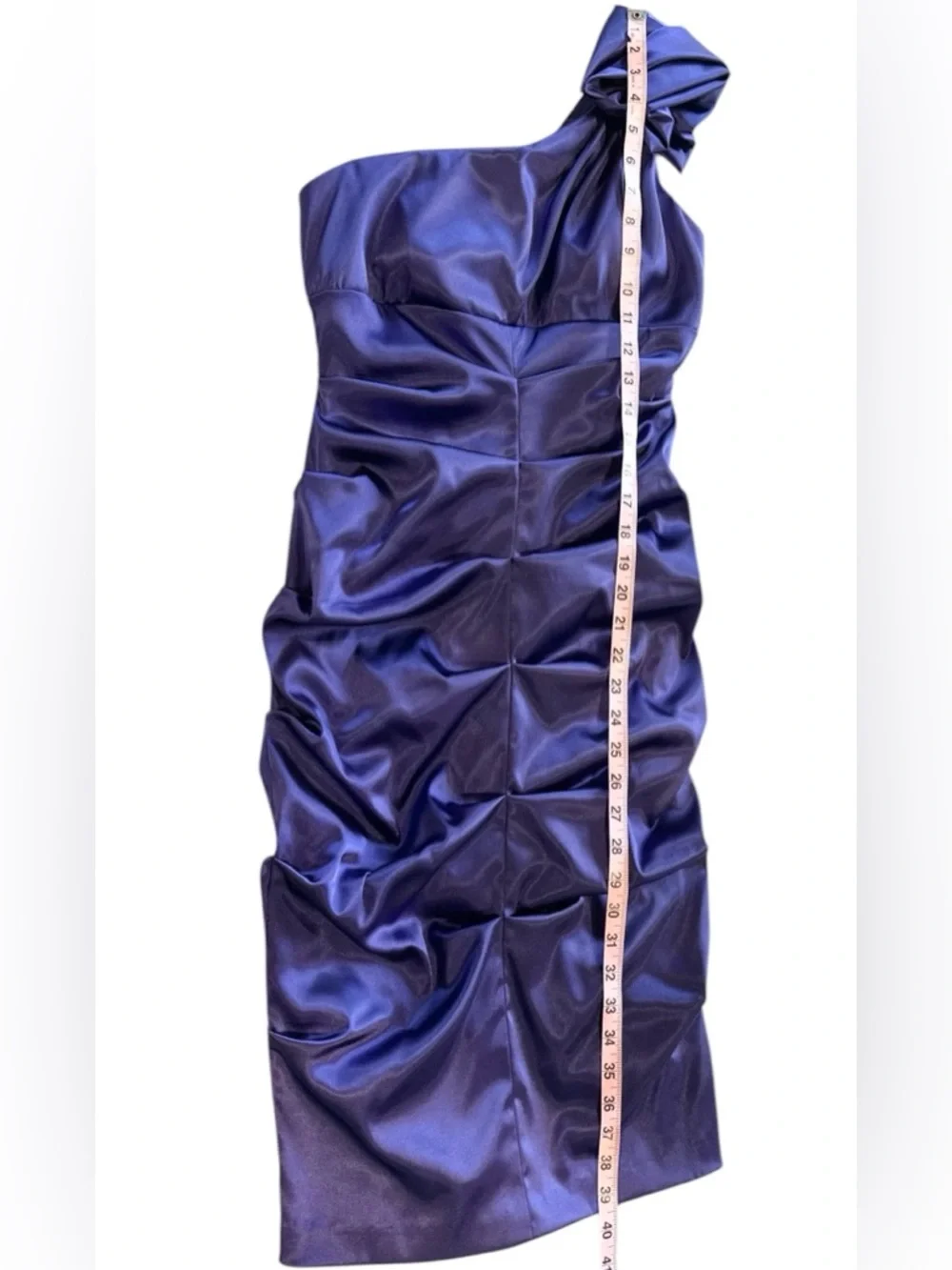 NWT Xscape Cocktail Dress Royal Blue/Purple Ruched One Shoulder Satin Mini Sz 6 - Picture 11 of 12